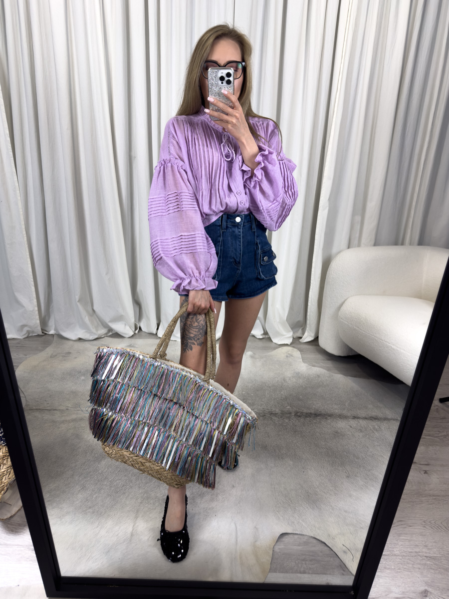 IMG_4665 Koszula Boho liliowa Wiya – zwiewna koszula damska z falującymi rękawami i kokardką, kolor liliowy, styl boho.